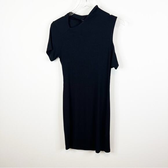 NWT LNA Zuki Rib Bodycon Asymmetrical Neck Mini Dress M Black - Picture 2 of 7